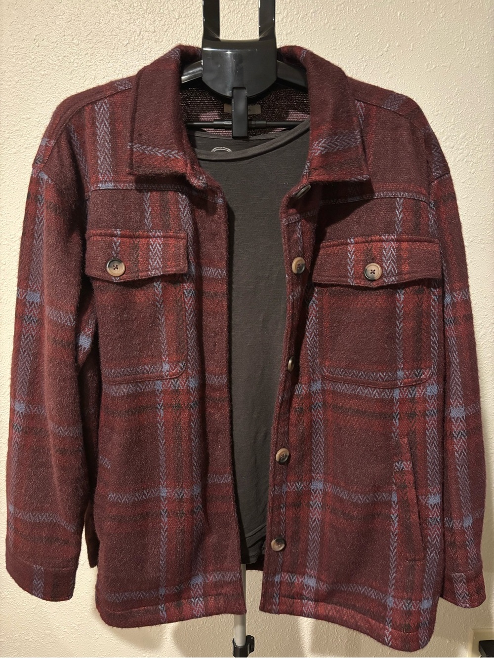 Maurices Burgundy Plaid Shacket with Blue Accents
